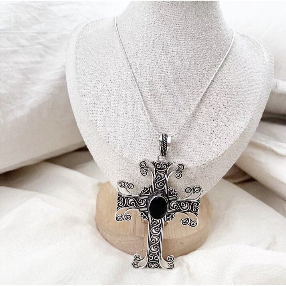 925 Sterling Silver Cross black Onyx Necklace Gemstone Womens Jewelry